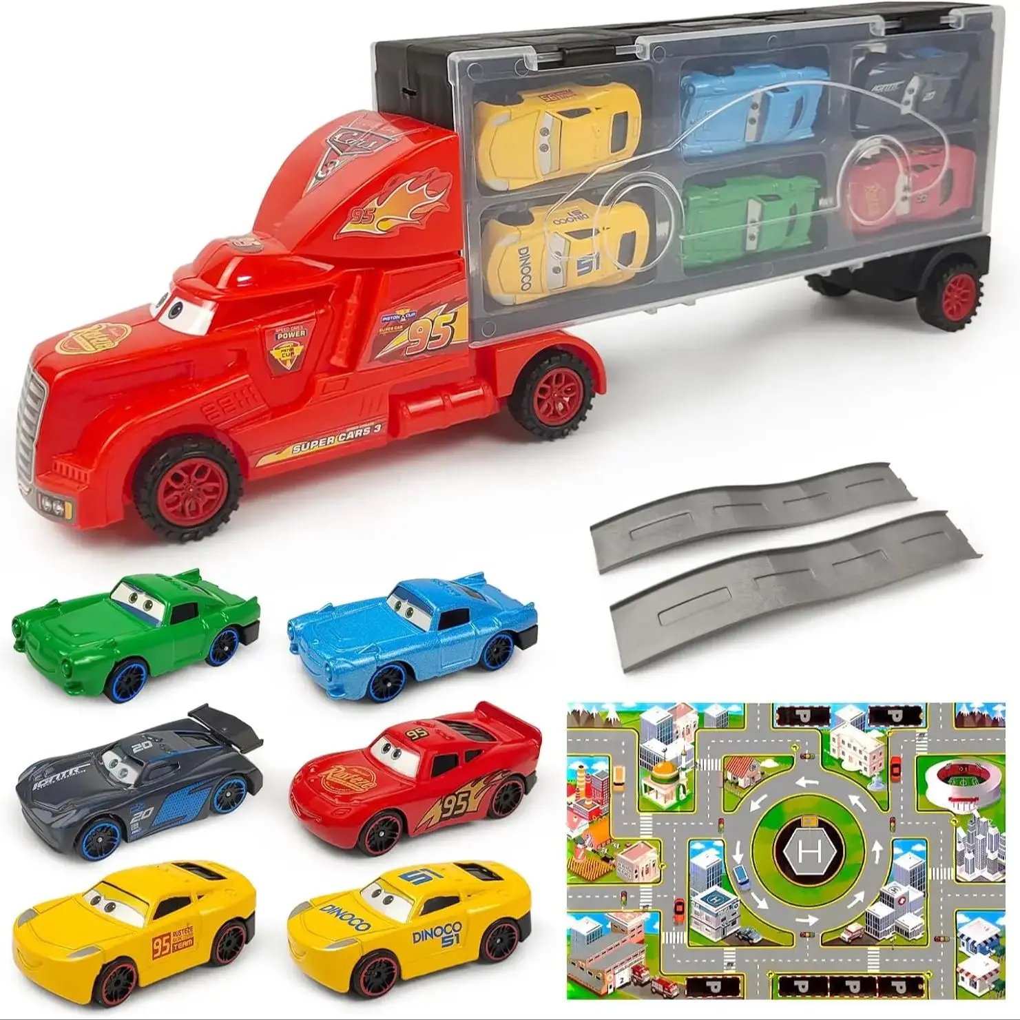 Lightning McQueen Car Toy Kids Transport Truck Toy Car with 6 Diecast Metal Cars City Map Skateboard Suitcase Toy Set Boys Gift