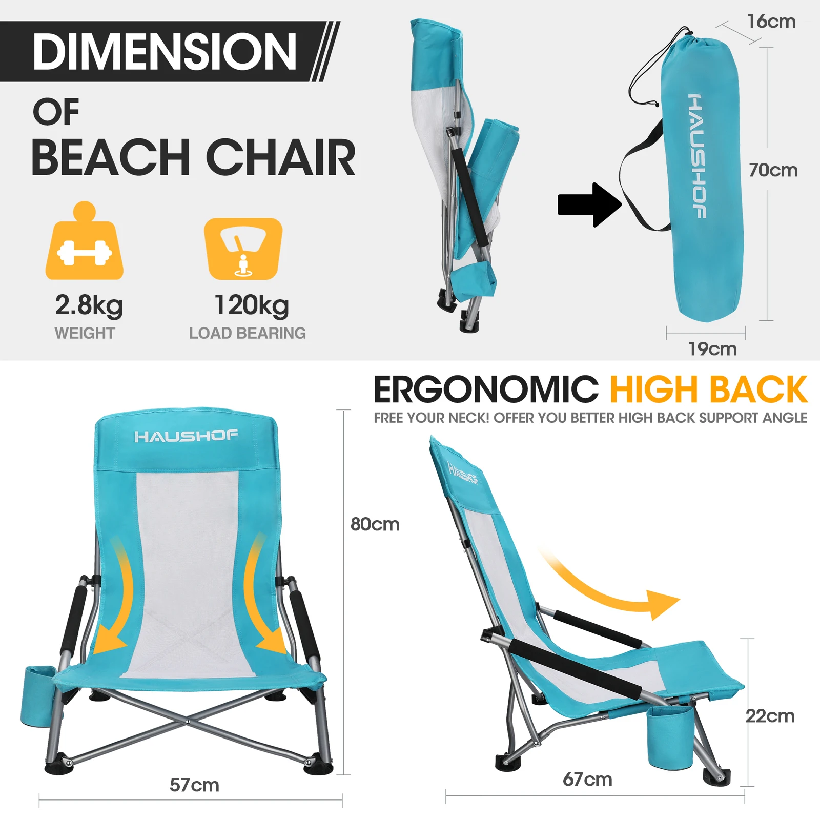 Folding Chair HAUSHOF Beach Chairs Portable Outdoor Folding Moon Chair with Backrest and Cup Holder For Camping Fishing Travel BBQ Foldable