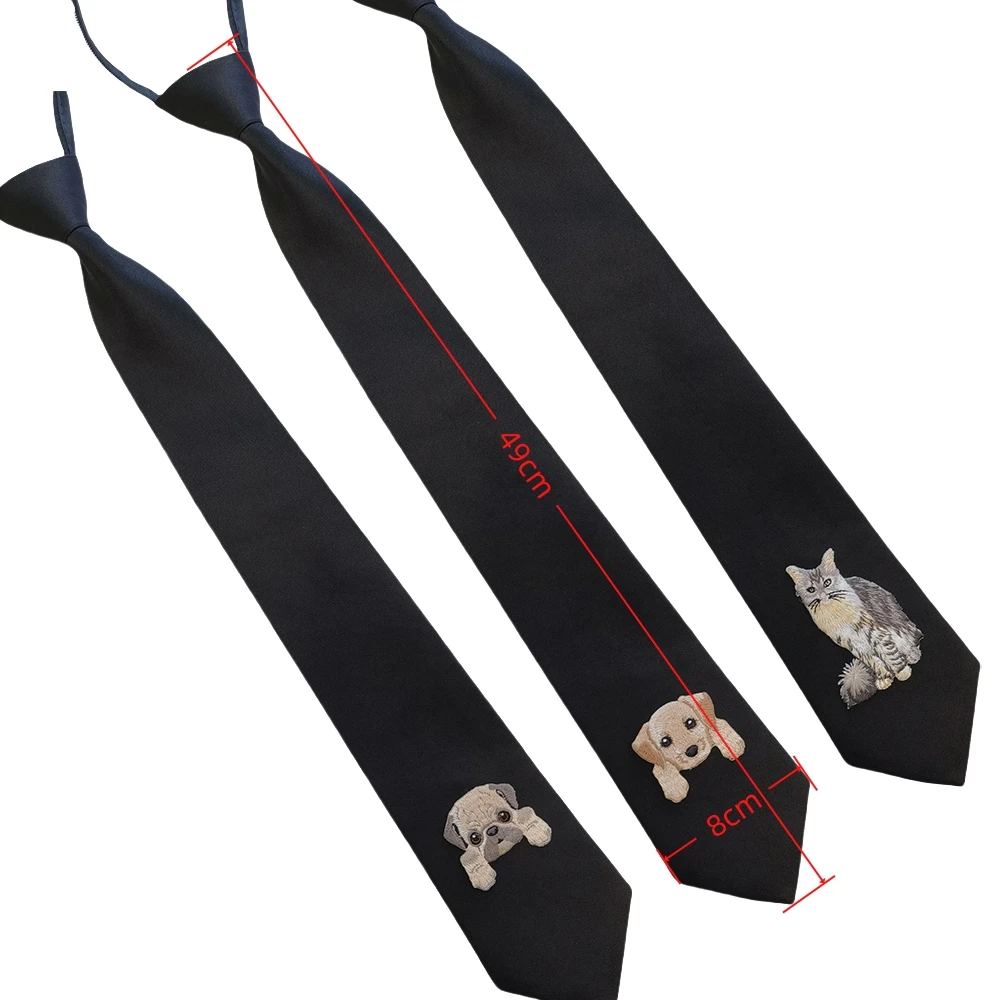 Neck Tie 49CM Animal Embroidery Lazy Tie Homecoming Student Zipper Tie Jk Collar Solid Color for Academic Nightclub Style