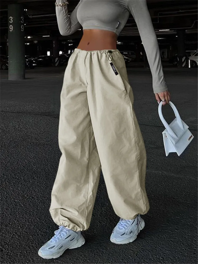 Casual Solid Loose Drawstring Trousers Cargo Pants Women Low Waist