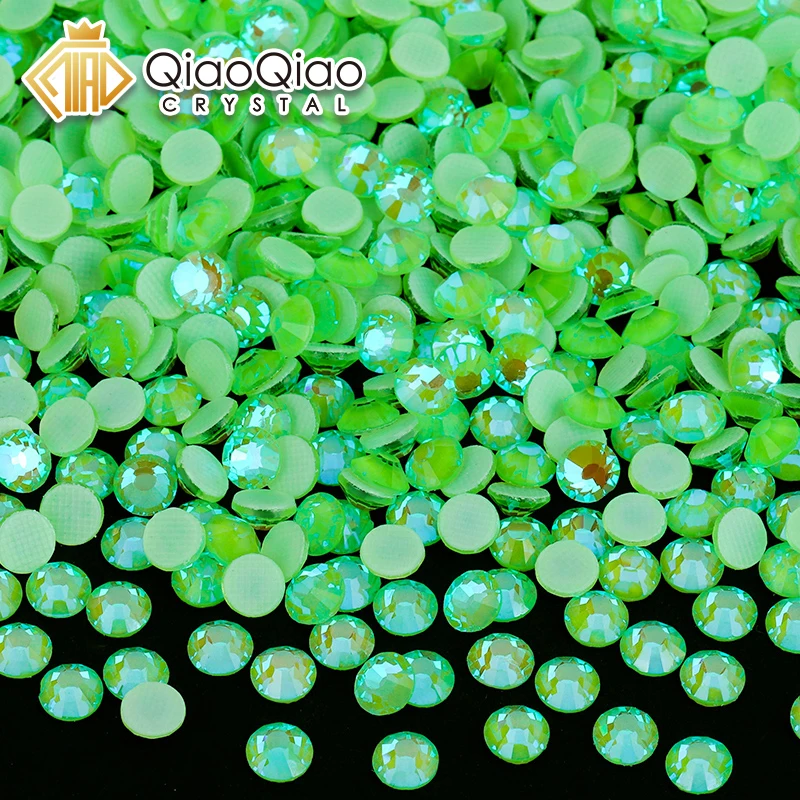 QIAO SS6-SS30 Leuchtende Neongrün AB Hot Fix Strasssteine Kristallglas Flatback Strass Strass Glitzer Stein für DIY Handwerk