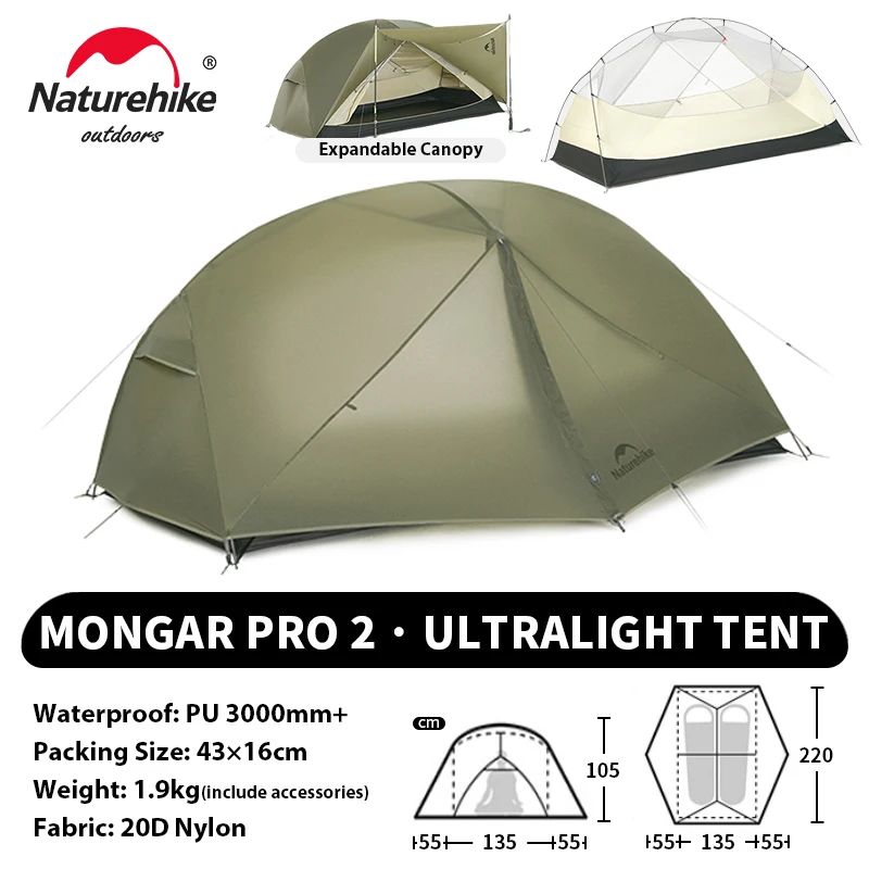 Naturehike Mongar UL PRO 1-3 人用テント 20D 超軽量旅行防水