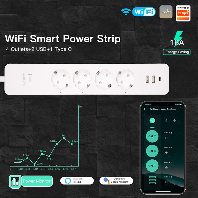 

Смарт-удлинитель с Wi-Fi, 4 розетки, 2 USB-порта