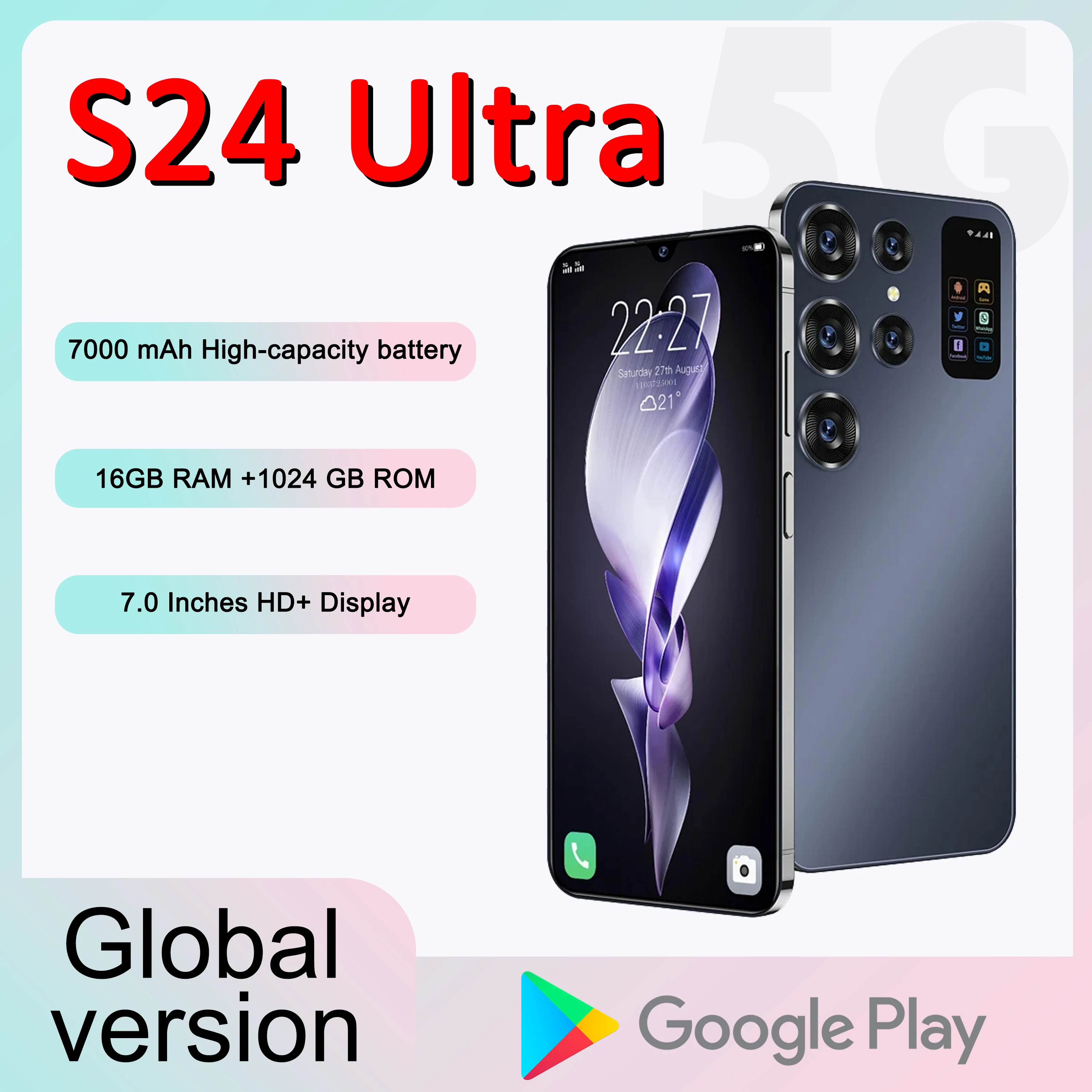 

New S24 Ultra Smartphone Global Version 7.0 Inch 7000mAh Android 13 16GB+1TB 48MP+72MP Snapdragon 8Gen2 Fingerprint unlocking