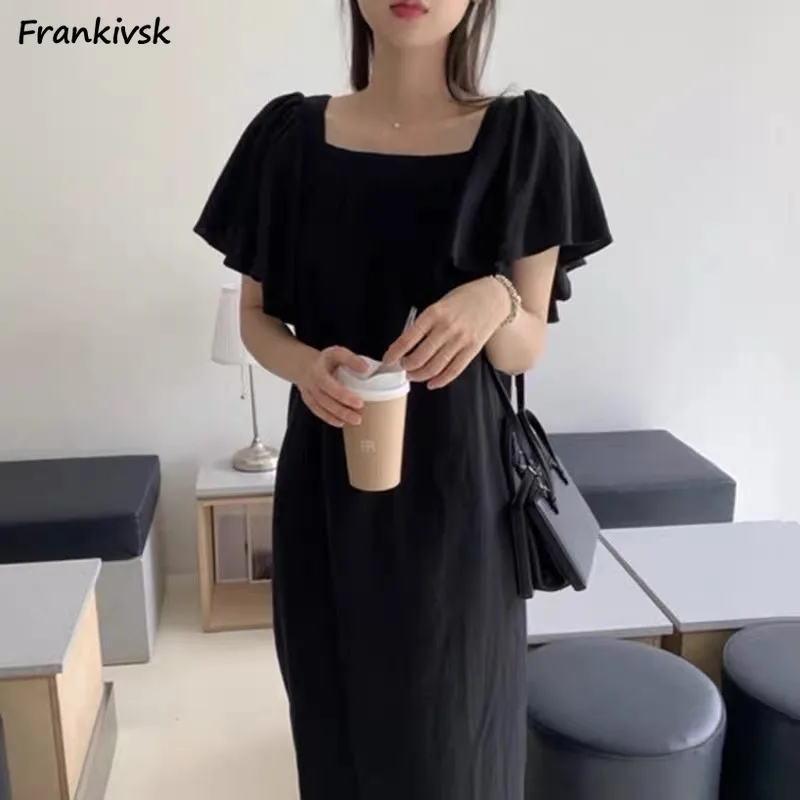 

Dresses Women Casual Loose Fashion Square Collar Cozy Korean Style Summer Short Sleeve All-match Youthful Solid Charming College