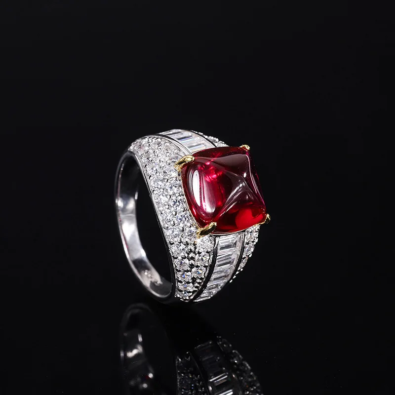 

S925 Full body silver Tiktok popular color treasure pigeon blood red treasure sugar tower full set women's jewelry ring main sto