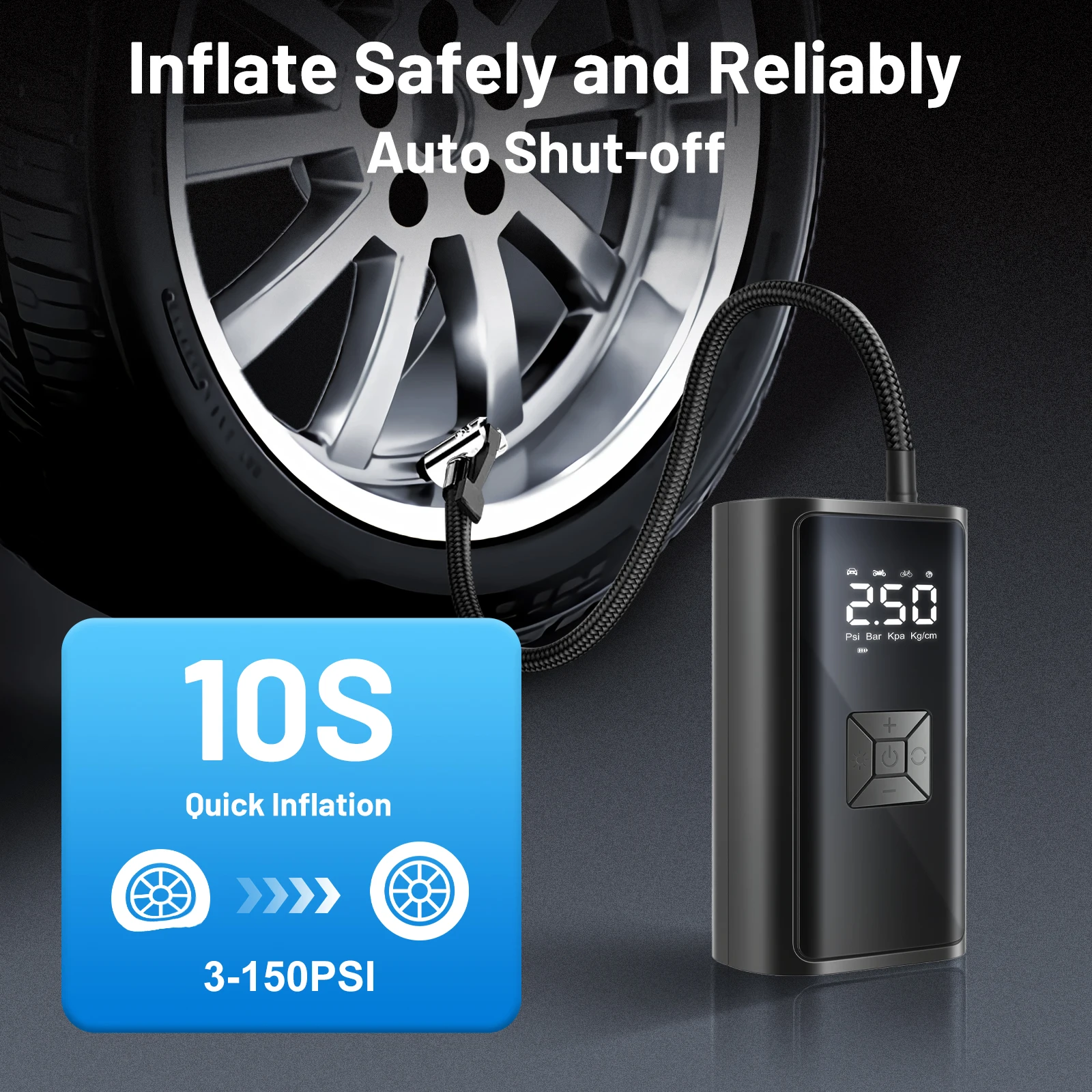 150PSI Cordless Air Pump 12V Tire Air Compressor LED Light USB Rechargeable Full-Screen Digital for Car Motorcycle Bicycle
