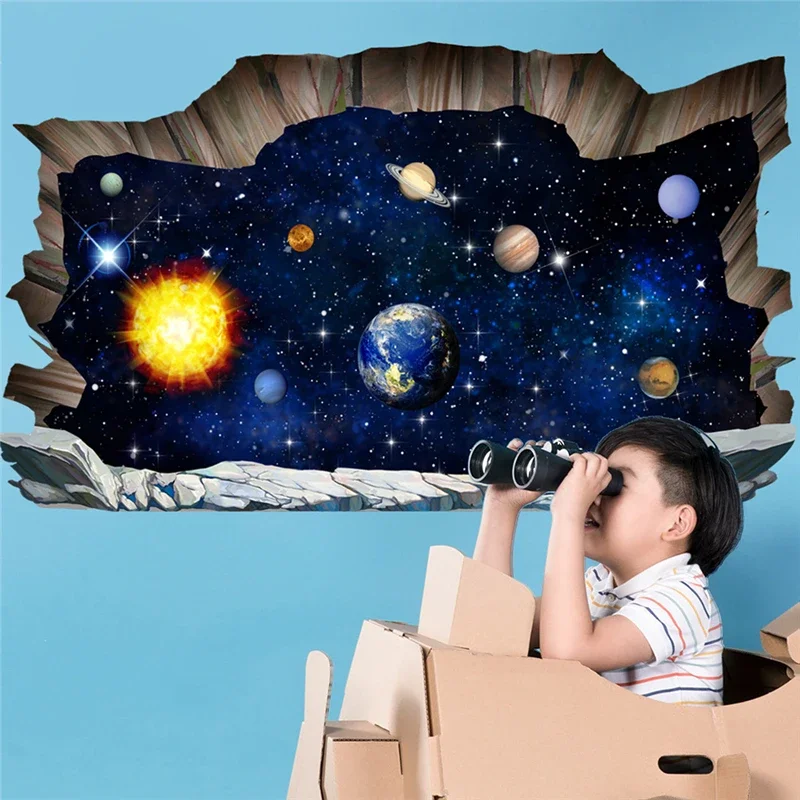 New 3D Broken Wall Nine Planets Wall Stickers Removable Decorative Painting