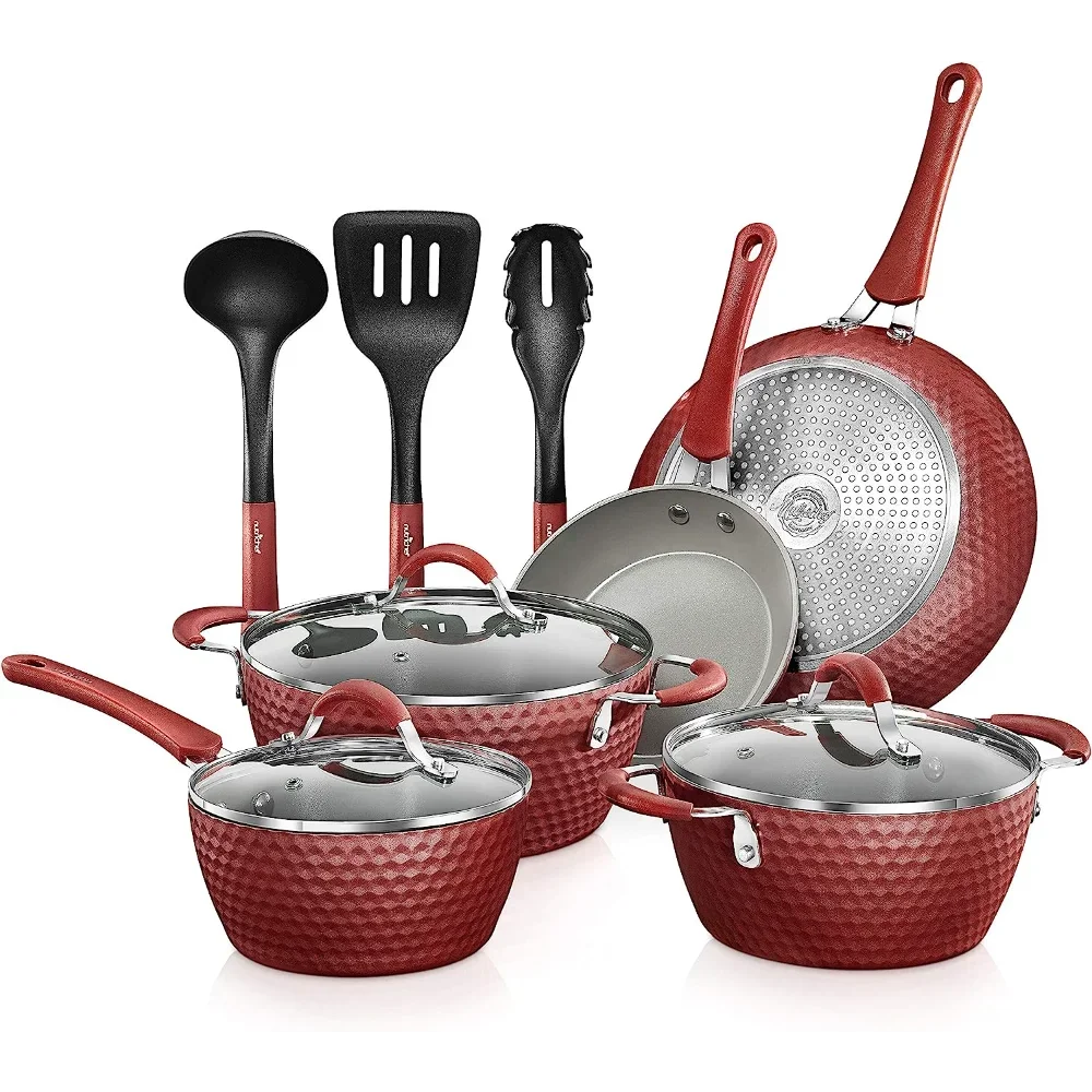 

NutriChef Non-Stick Kitchenware Pots & Pans-11 Pcs. Stylish Kitchen Cookware Set w/Elegant Diamond Pattern, Gray Inside & Red