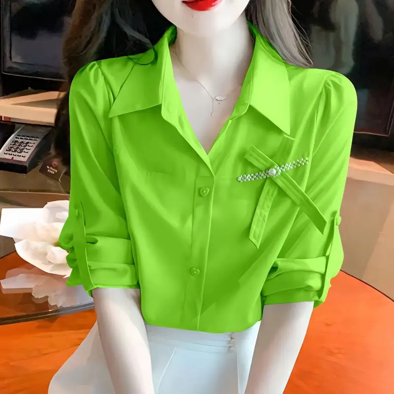 여성용 폴로 칼라 시크 활 셔츠, 다목적 비즈 긴팔 가디건, 단추 루즈 탑, 용수철 2023, 신상 패션