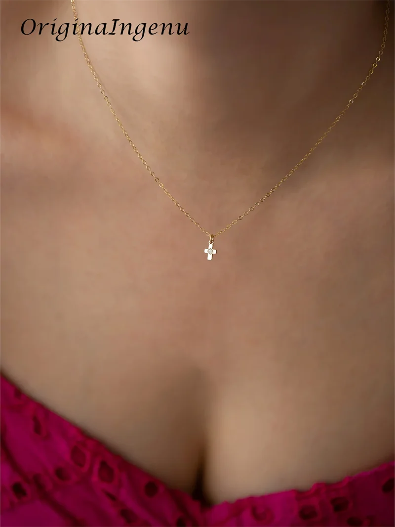 14K Gold Filled Tiny Cross Pendant Necklace Minimalist Zircon Necklace Hypoallergenic Tarnish Resistant Jewelry for Women