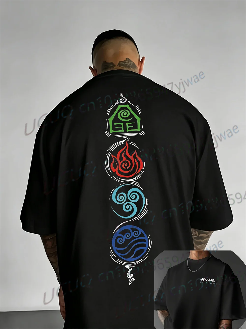 Luft Wasser Erde Feuer Vier-Elemente-Symbol Grafik-T-Shirt Airbender Film-T-Shirt 2-seitiges Streetwear Sommer-T-Shirt für Männer und Frauen