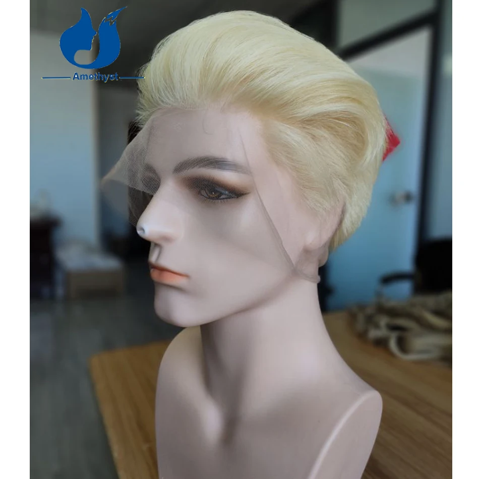 Amethyst Pixie Cut Bob Wig for Men 613 Blonde Brazilian Remy Human Hair Pre-Plucked Full Lace Wig with Sideburns Shaved Straight