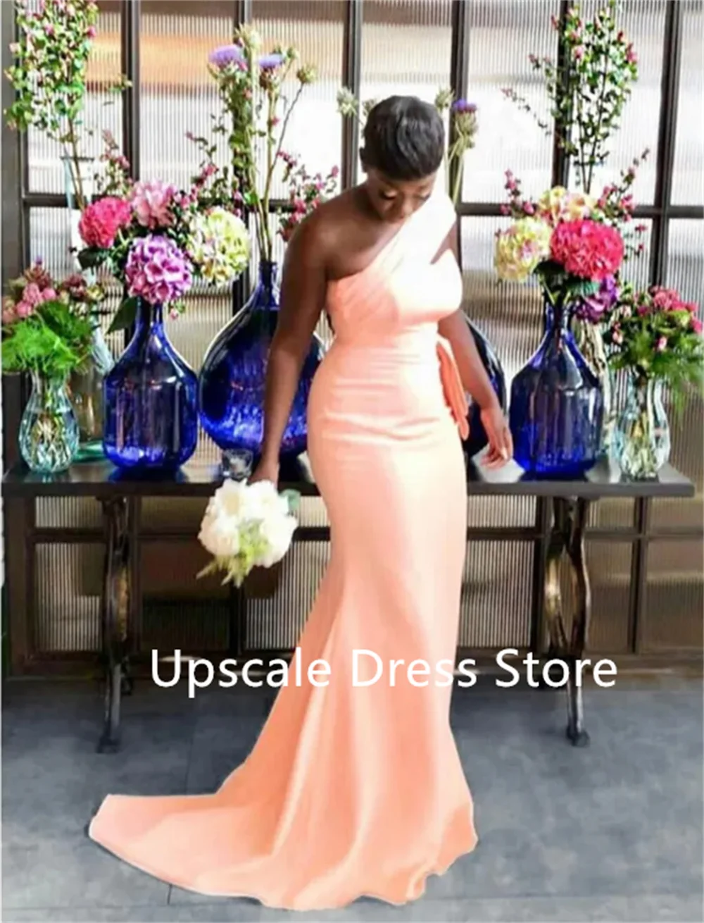 

Peach Sexy Mermaid Bridesmaid Dresses for African Black Girl One Shoulder Long Satin Wedding Party Dress Formal Prom Gowns