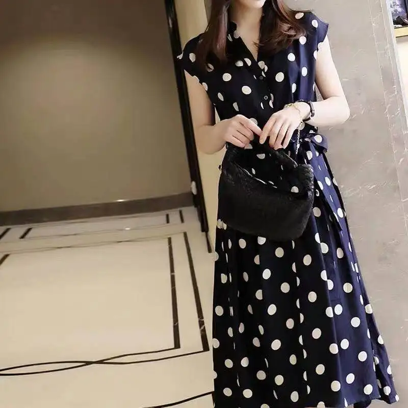 

Summer Temperament Polka Dot Chiffon V-neck Short Sleeve Casual Dresses Femme Vintage Buttons Thin Midi Dress Women's Lacing New