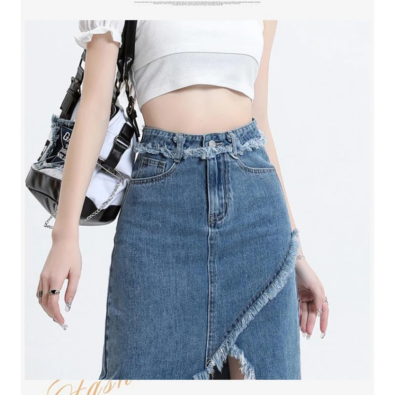 

2023 denim skirt women's long skirt blue summer commute new Korean version high waist loose split raw edge wrapped hip midi skir