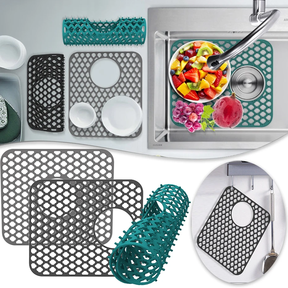 

Kitchen Silicone Sink Protector Mat Non-Slip Quick Drying Dish Drain Pad Moisture Mildew Proof Grid Drain Mat Storage Pad