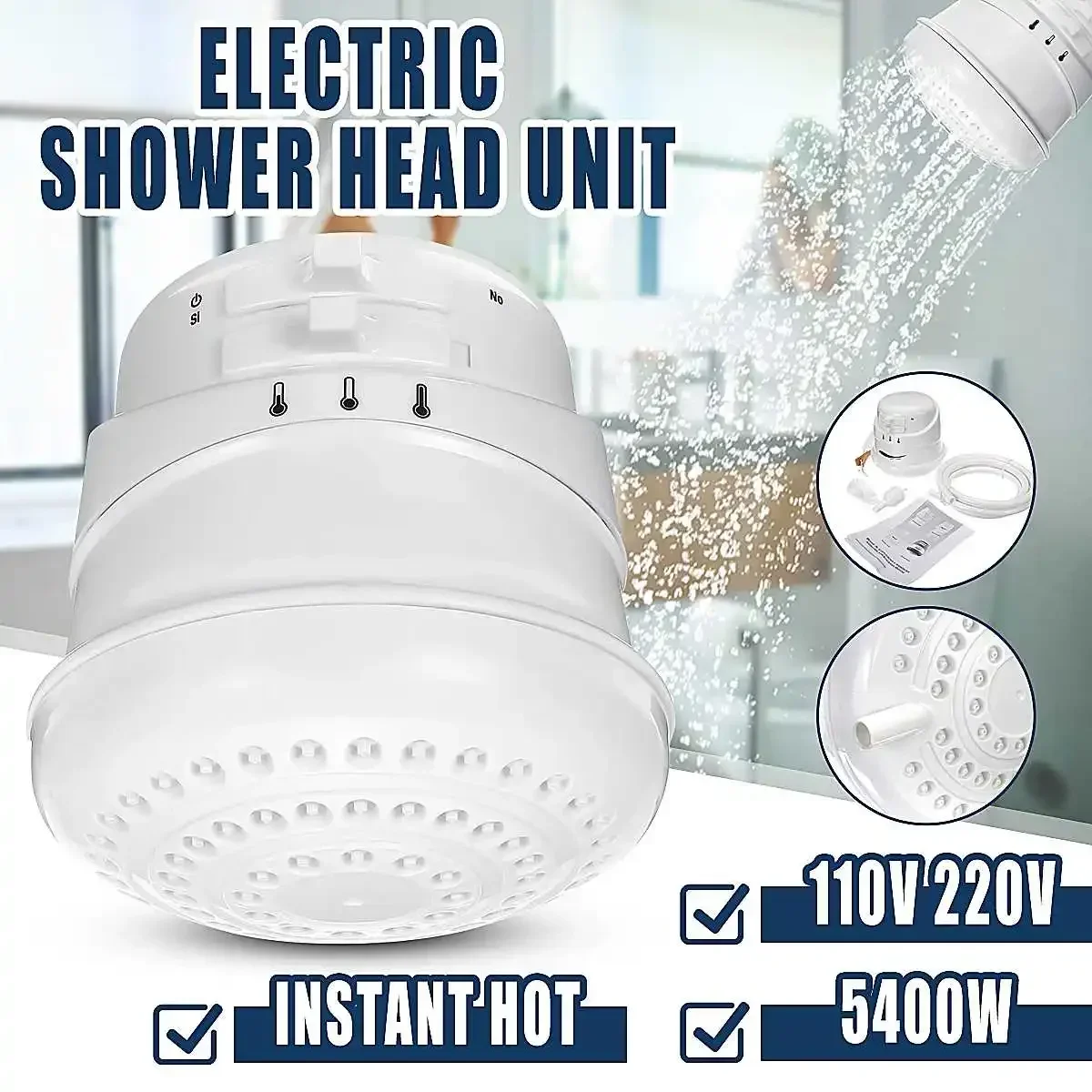 2m Hose 5400W Electric Shower Head Tankless Instant Hot Water Heater 3 Temperature Adjustable Portable Calorifier 110V/220V electric water heater