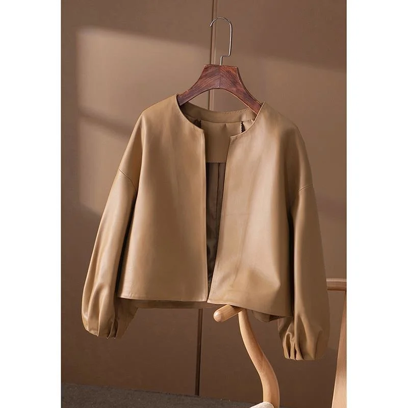 

PU Short Leather Black Crop Jacket Women Femininity Spring Autumn New Round Neck Lantern Sleeve Coat Female Streetwear Brown
