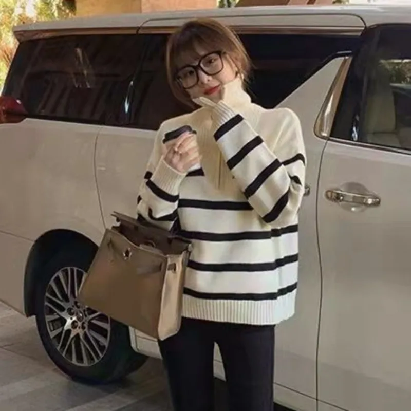 

Vintage Women's Sweater Autumn Winter Lapel Zipper Long Sleeves Pullover Casual Striped Knitted Jumper Top Female