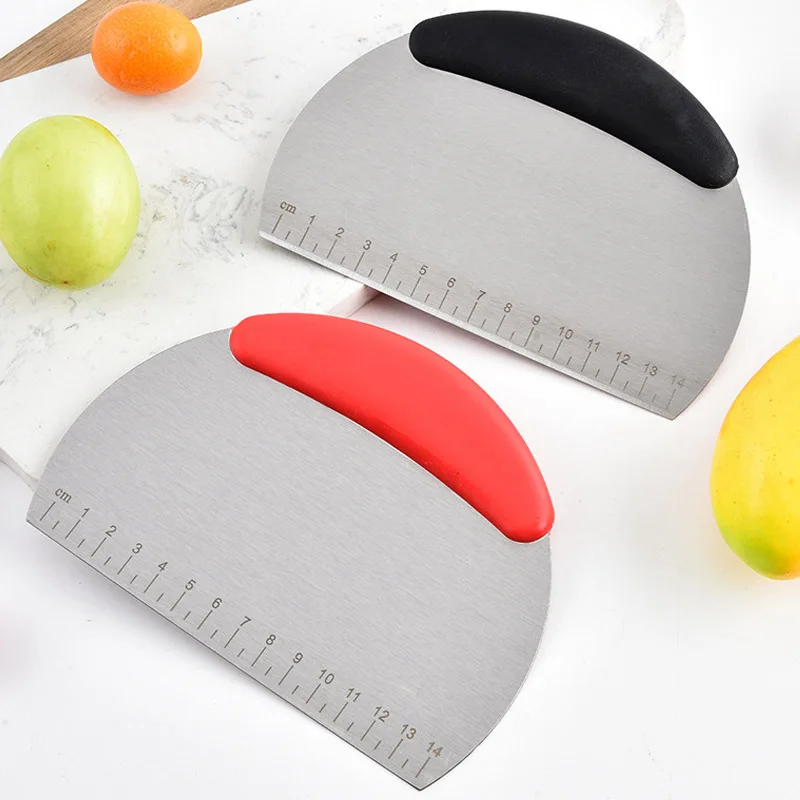 Dough Scraper Baking Tool Dough Cutter Baking Accessories Bread Cutter Stainless Steel Pastry Cutter Half Round Scraper Dough Bread Chopper Scale Pizza Cutter Comfortable Handle Kitchen Baking Tools