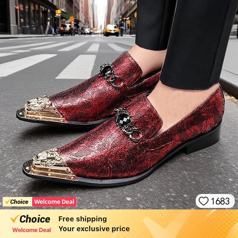 2025 Real Leather Men party Shoes Gold Metal Pointed Toe Gentleman