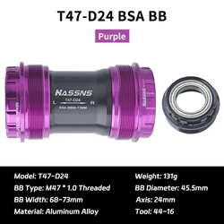 Ceramic Mountain Bike Bottom Bracket - BSA MTB Central Movement, Hollowtech, 68 - 73MM (HA T47 - D24 Purple)