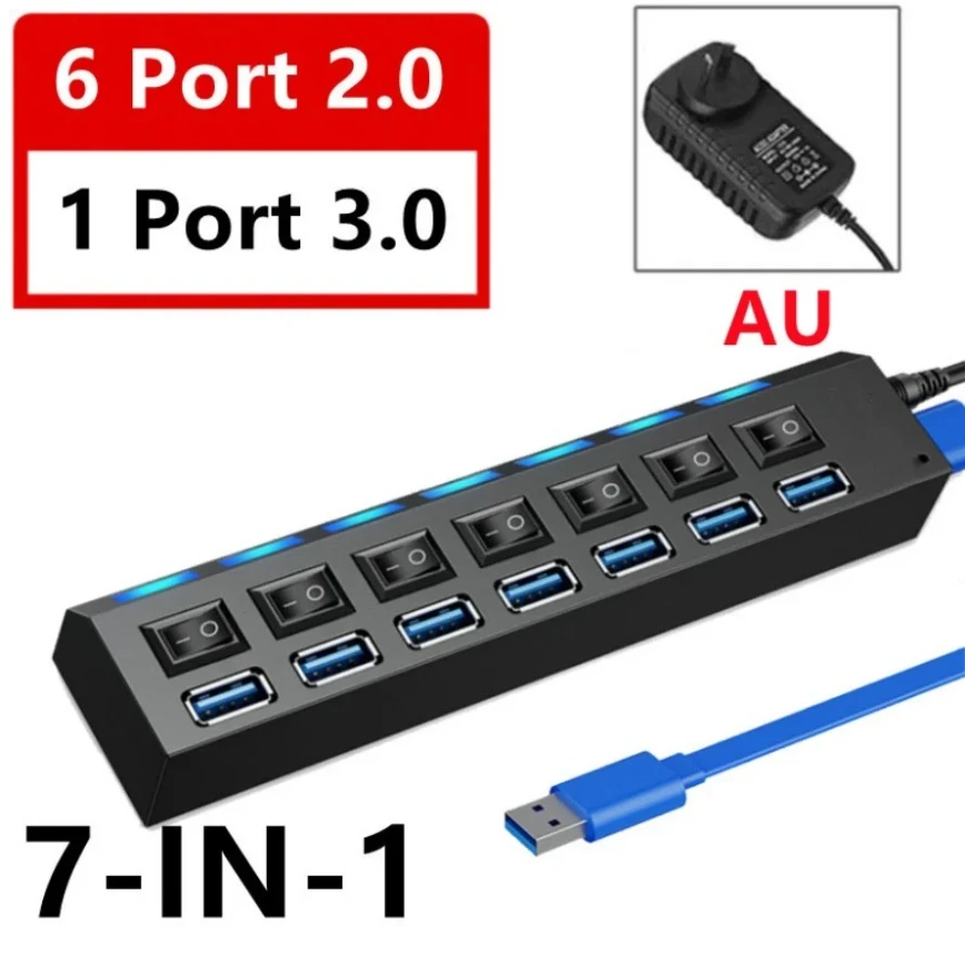 High-Speed 7-Port USB 3.0 Hub with Individual Power Switches and LED Indicators