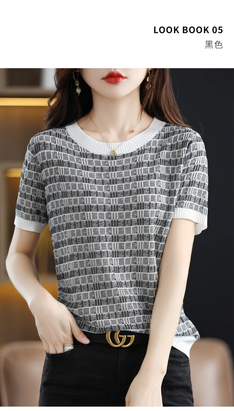 new Ice silk knit short sleeve women's matching color blouse thin cotton thread T shirt summer loose cotton linen half sleeve