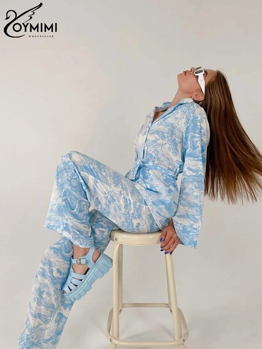 Oymimi Elegant Blue Print Sets For Women 2 Pieces Casual Lapel Long Sleeve Lace-Up Button Shirts And Straight Pants Female Sets