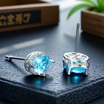 Oval Stone Aqua Blue Crystal Zircon Small Stud Earrings For Women Vintage Silver Color Wedding Earring Birthstone Jewelry Gift