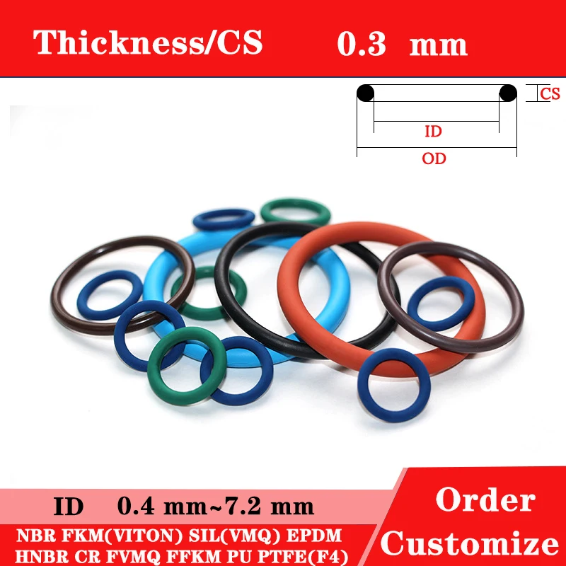 

Thickness cross section 0.3 mm Material NBR HNBR VMQ EPDM FKM FVMQ FFKM Inner diameter ID 0.4-7.2 mm O RING oring gasket seal