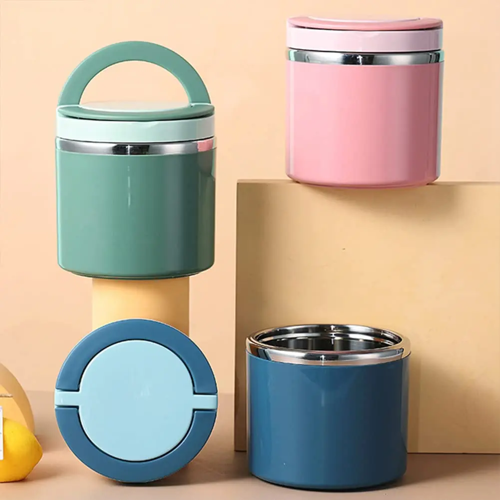 630ml Stainless Steel Breakfast Cup Soup Bowl Thermal Storage Food Container Sealed Bento Box With Handle Green portable food container