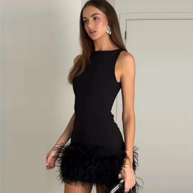 HXAO Black Feather Dress Womens Dresses Autumn 2025 Elegant Party Dresses Mini Elastic Sleeveless Sundress Chic Evening Vestidos Sfddd07b838e64b29a996809763e242aeP