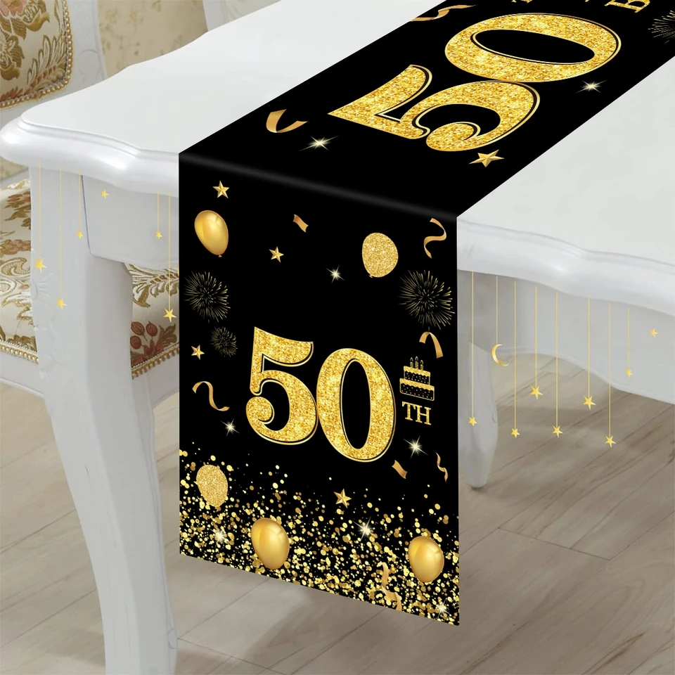 Runner da Tavola per 60° Compleanno Nero e Oro Decorazione per Compleanno Tavolo Lavabile per Uomini Donne Runner Tavolo per Interni ed Esterni cene di Famiglia Casa Feste Cucina Anniversari Vacanze