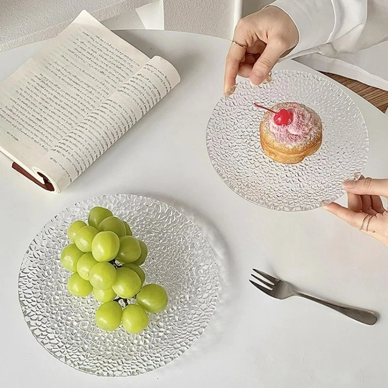 Creative Round Shaped Glass Plates Transparent Engraved Salad Fruit Plate High-looking Dessert Plate Kitchen Accessories