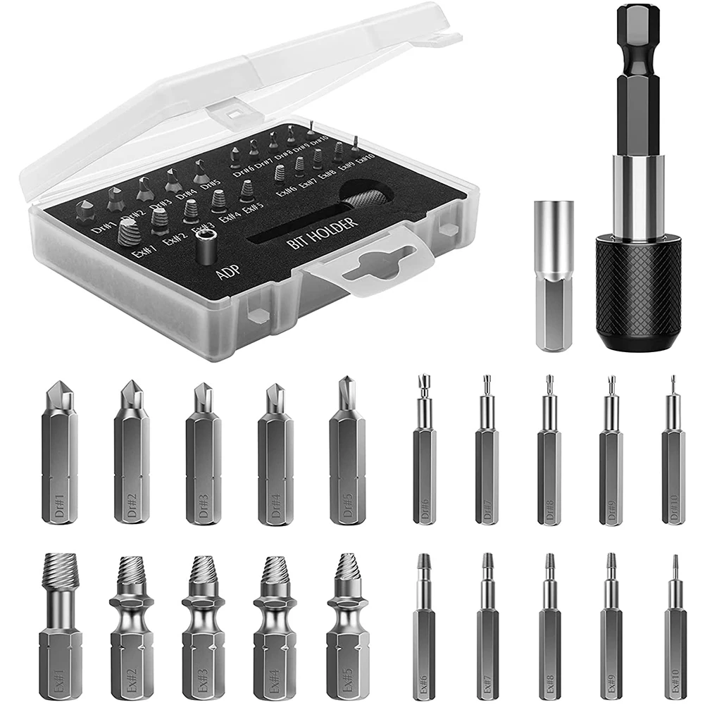 

Damaged Screw Extractor Set,22 PCS Stripped Screw Extractor Kit, HSS Broken Screw Remover Set with Bit & Socket Adapter