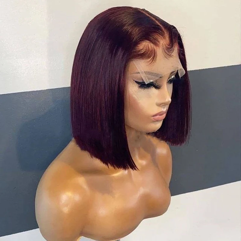 

Soft Burgundy 99j Preplucked Glueless 180%Density Short Bob Straight Deep Lace Front Wig For Black Women BabyHair Wine Red Daily