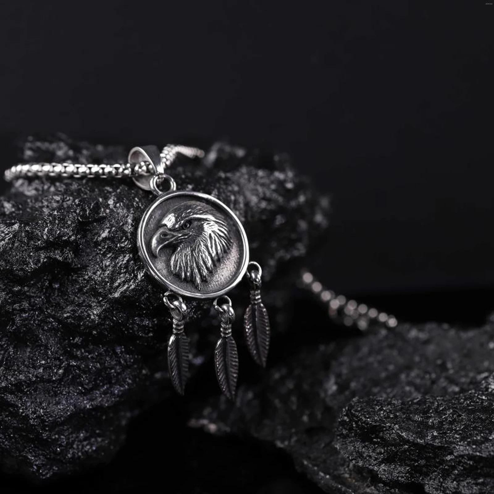 Men's Vintage Eagle Head Feather Titanium Steel Pendant Necklace Punk Hip Hop Party Jewelry