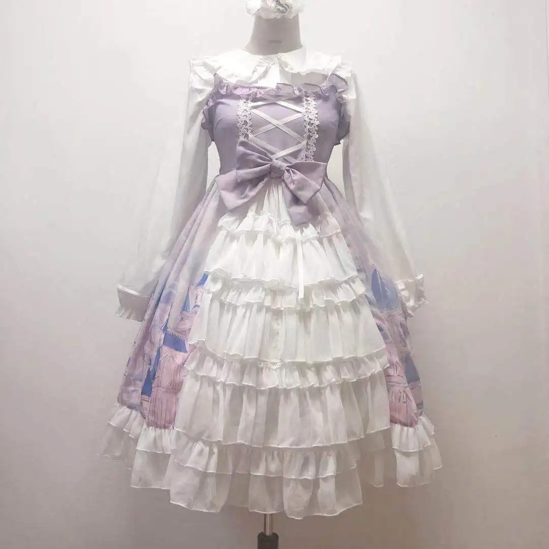 

Lolita JSK Dress Women Kawaii Bow Lace Maids Wear Uniform Suspended Princess Dress Halloween Carnival Party Performance Costume