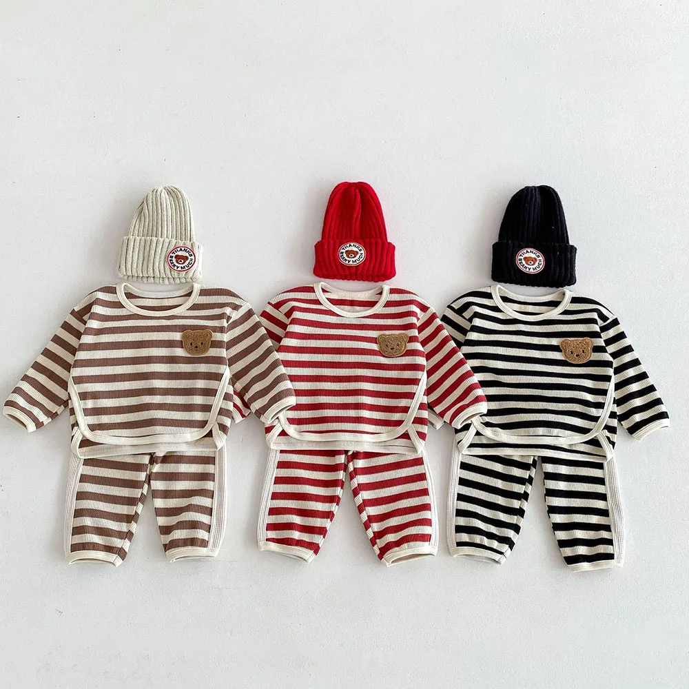 Autumn Kids Waffle Striped Hoodies Casual Outfit