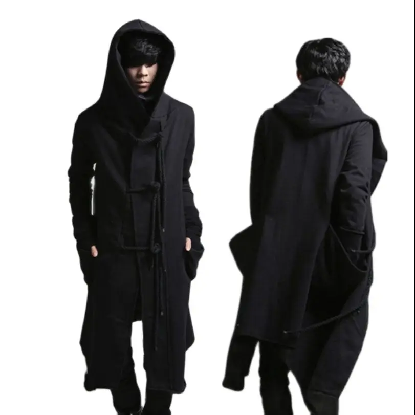 

Men Coat Autumn Winter Hoodie Casual Cape Windbreaker Black Linen Rope Hip Hop Gothic Cloak Dj Singer Punk Jackets Overcoat