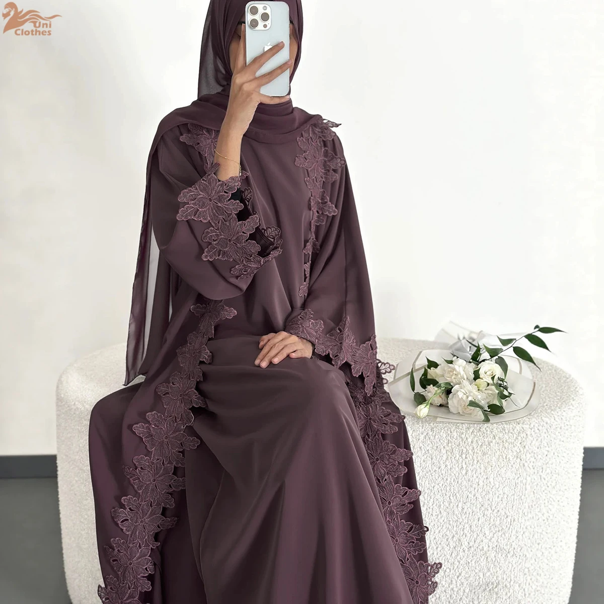 Zahraa New Abaya Nida Flower Lace Trim Abaya Isalmic Clothing Abaya Women Muslim Dress Dubai Abaya and Inner Dress 2 Piece Set 2