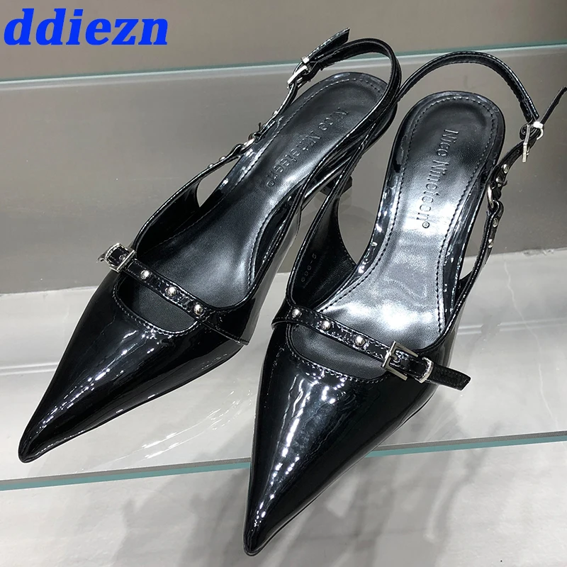 Solid Pointed Toe Slingbacks Patent Leather High Heels Buckle Strap Stiletto  Pumps Metal Decor Women Shoes Sexy Shallow Zapatos - AliExpress
