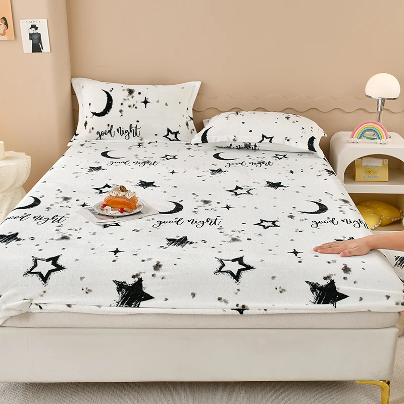 Winter Warm Fitted Sheet Stars Pinted Flannel Fleece Bed Sheet for Double Bed Queen/King Size All-inclusive Mattress Cover180 4