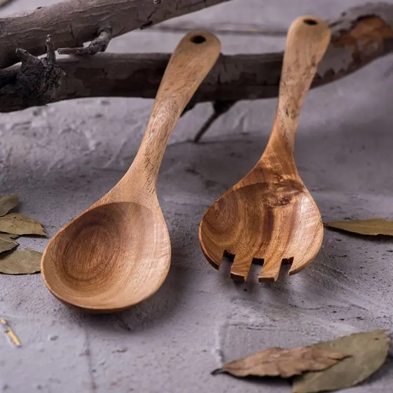 Wooden Spoon Wooden Cooking Spoon Wooden Spoon Set Large Salad Dinner Serving Spoons Server Wood Fork Spoon Cutlery Set Wooden Utensils Tableware
