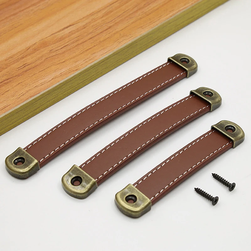 1pc Wooden Crate Gift Box Leather Handles Furniture Handles Wardrobe Drawer Door Pull Leather Kitchen Cabinet Handles Hardware