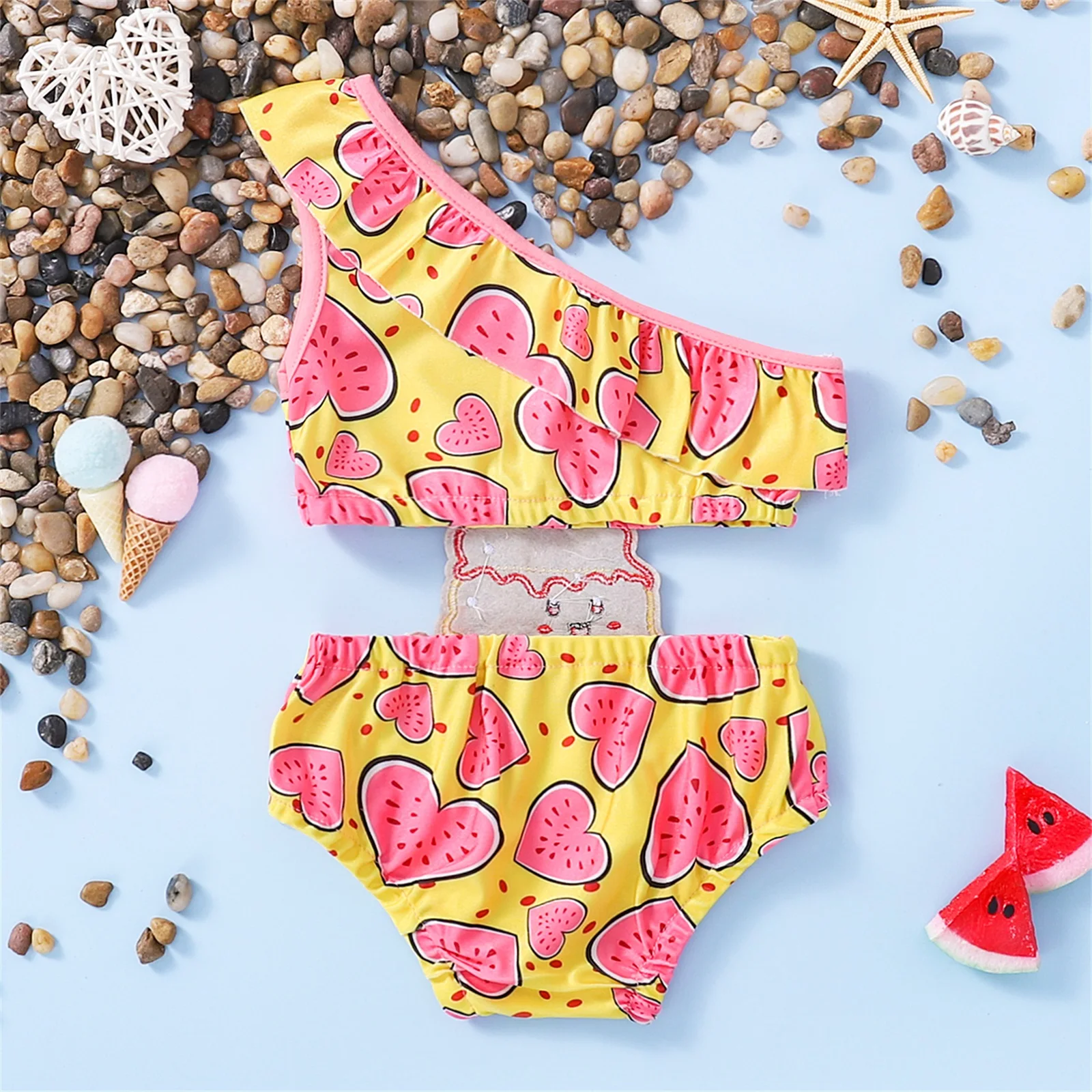 

Kids Baby Girls Casual Swimwear Romper, One Shoulder Cartoon Ice Cream Printed Sleeveless Patchwork Bodysuit Beachwear 1-5T