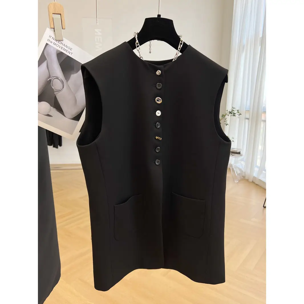 

Black Vests Women New Spring Vintage Basic Sleeveless Outwear Office Lady Leisure M-3XL Loose Temperament Fashion Chic All-match