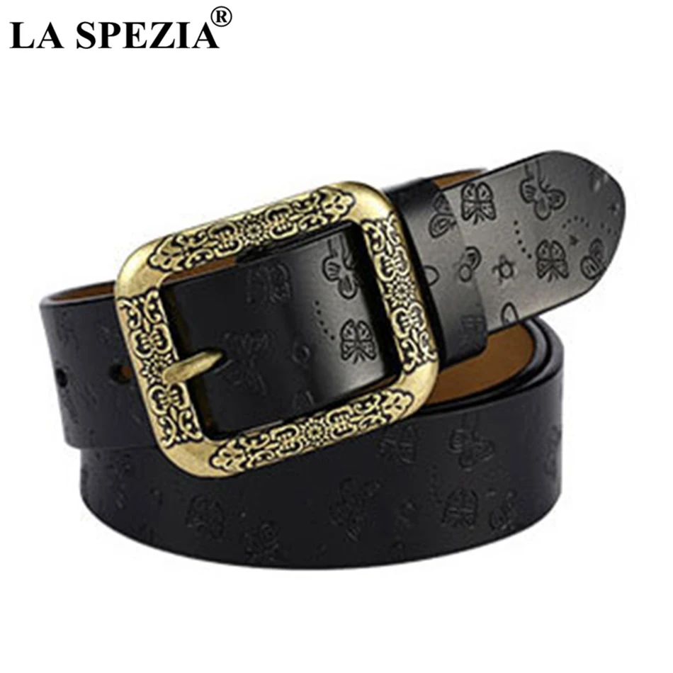 LA SPEZIA Real Leather Belt Women Black Square Pin Belt Female Fashion Genuine Cow Leather Embossed Butterfly Waist Belt